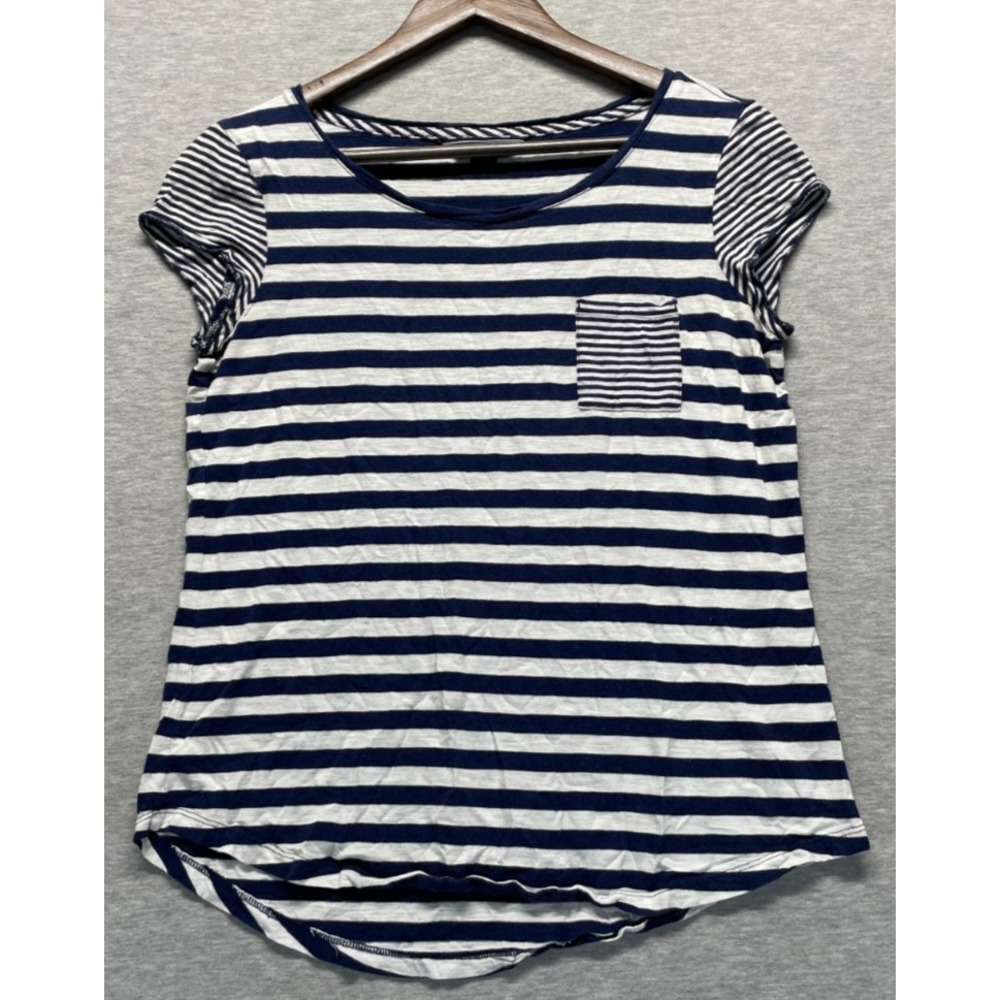 Lands' End T Shirt Womens Small (6-8) Blue White Horizontal Striped Round Neck